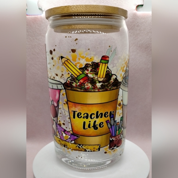 Teacher Life Glass Cup with Bamboo Lid and Glass Straw - NEW Handmade - Picture 3 of 9